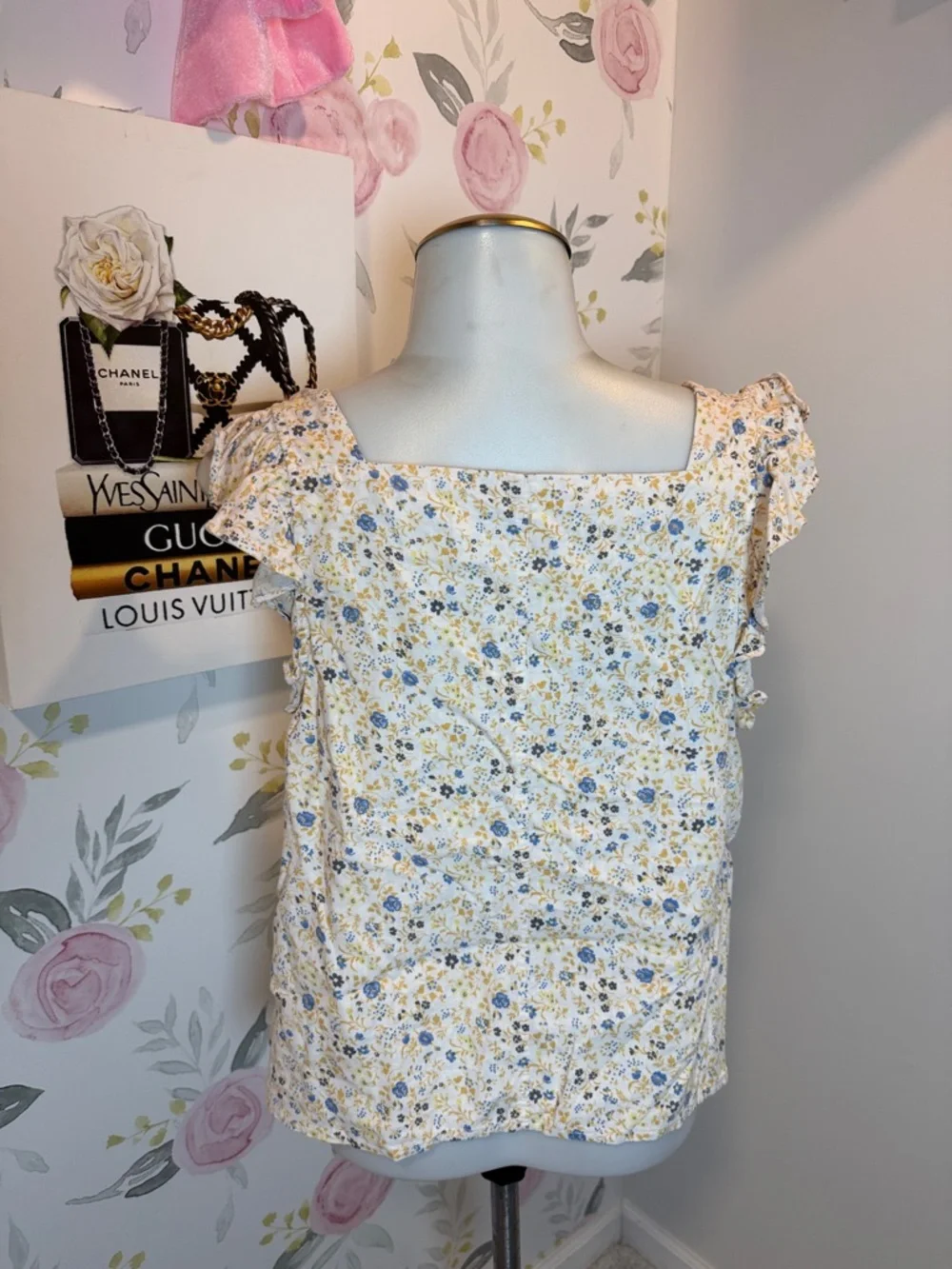 Madewell Yellow Floral Square-Neck Ruffle Button Tank - Picture 4 of 5